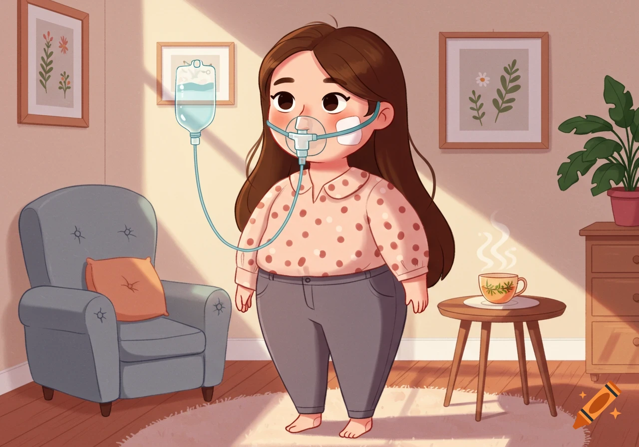 Cartoon woman with long brown hair, nasal cannula, and IV drip stands in a cozy room with a chair, plant, and steaming cup.