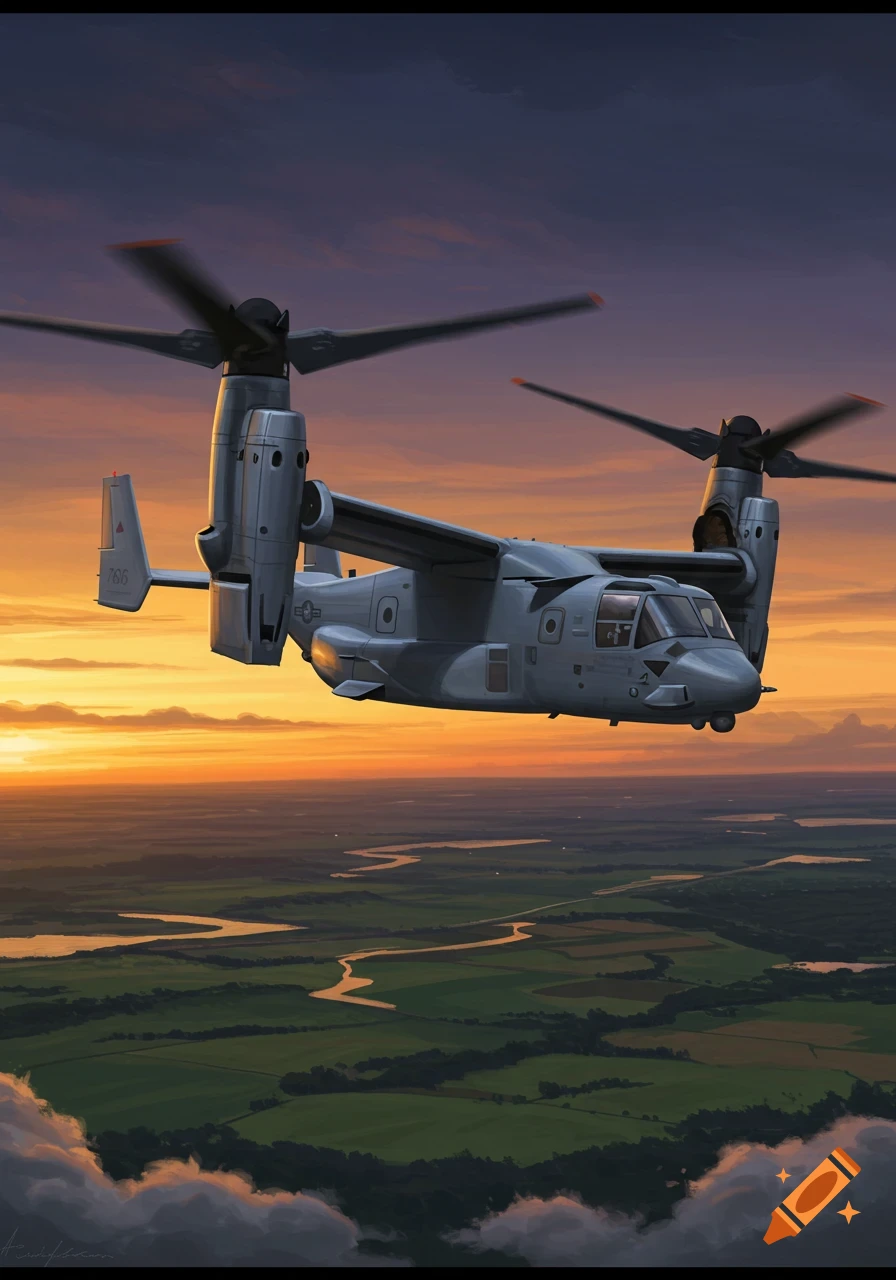 A V-22 Osprey aircraft flies over a green landscape with a winding river at sunset, with an orange and purple sky.