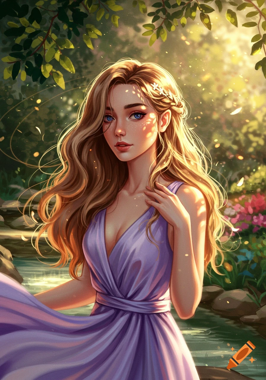 An illustrated portrait of a beautiful young woman with long wavy blonde hair in a purple dress, standing in a sunlit forest with a stream.