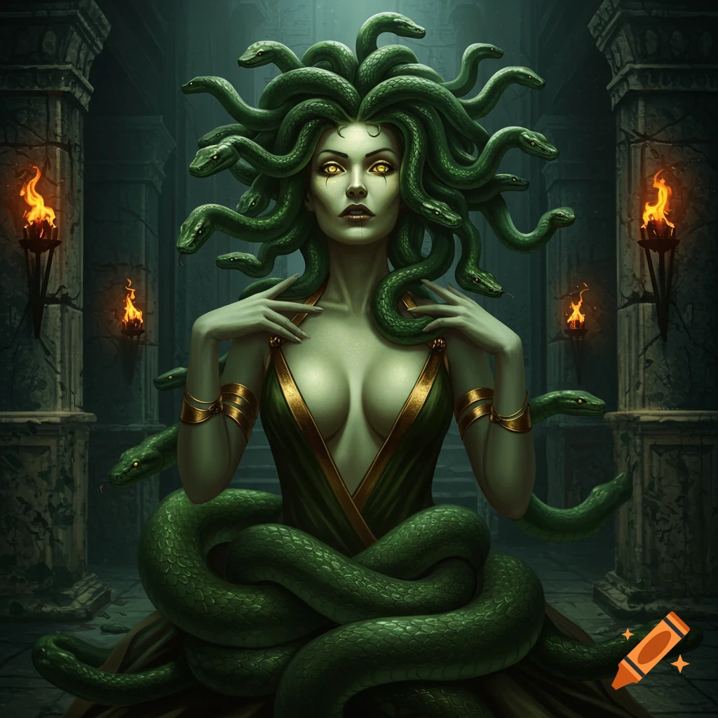 Realistic portrait of Medusa with green skin and glowing eyes, snakes for hair, wearing a green dress in a dark, torchlit temple.