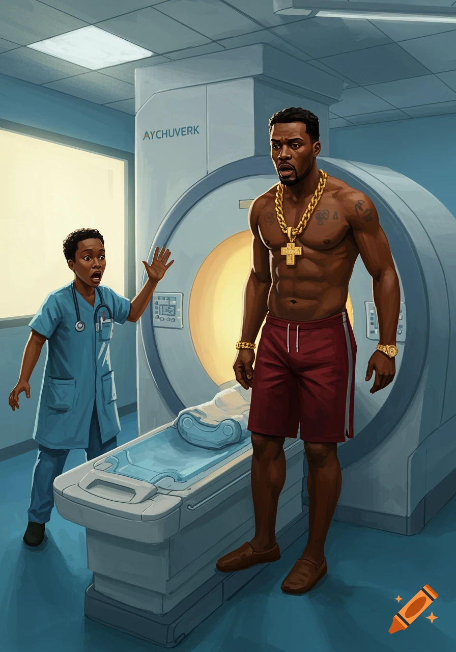 Illustrated scene: a man with a gold chain by an MRI machine, a shocked technician gestures.