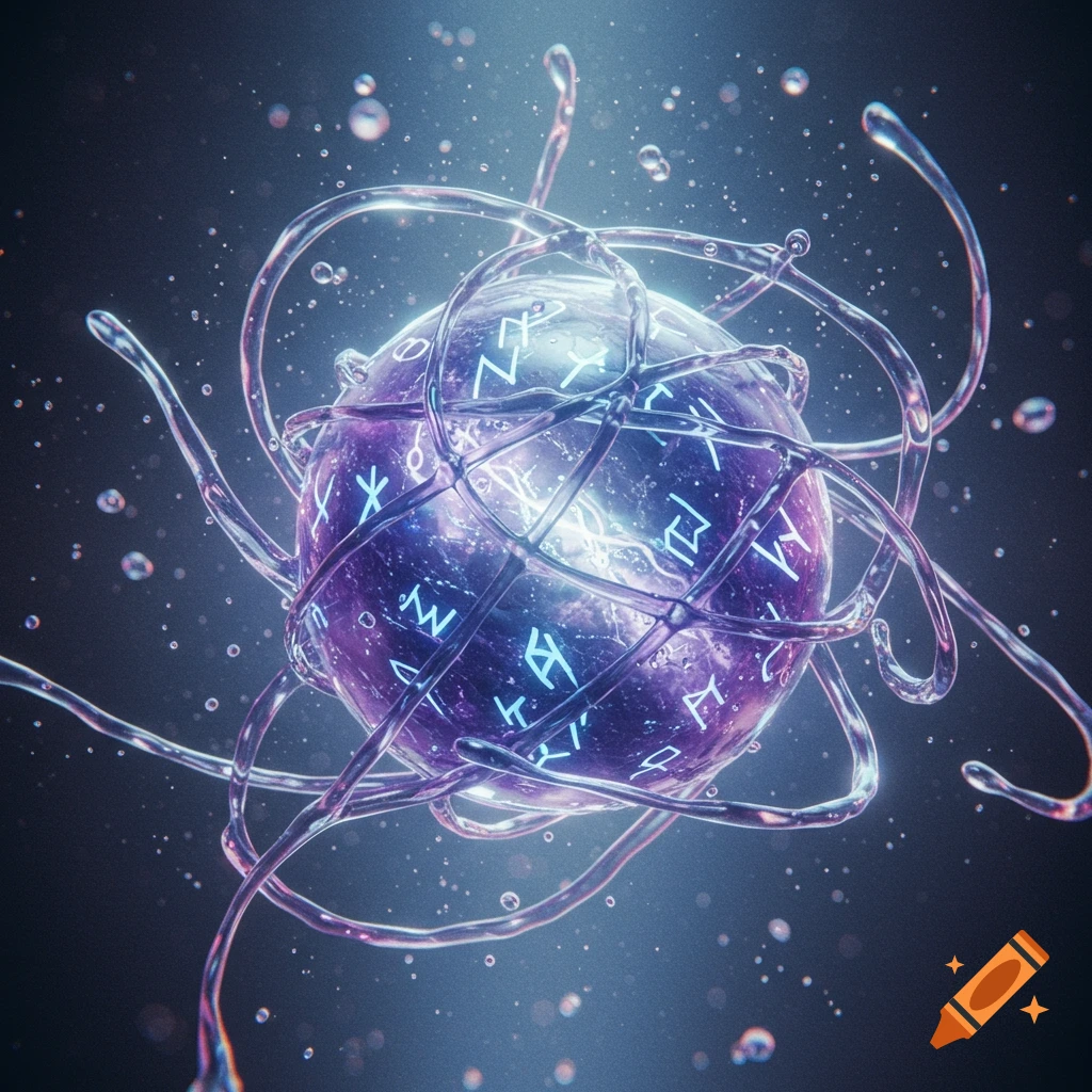 A purple, glowing crystal orb covered in glowing runes and surrounded by clear, watery tendrils, against a dark, shimmering background.