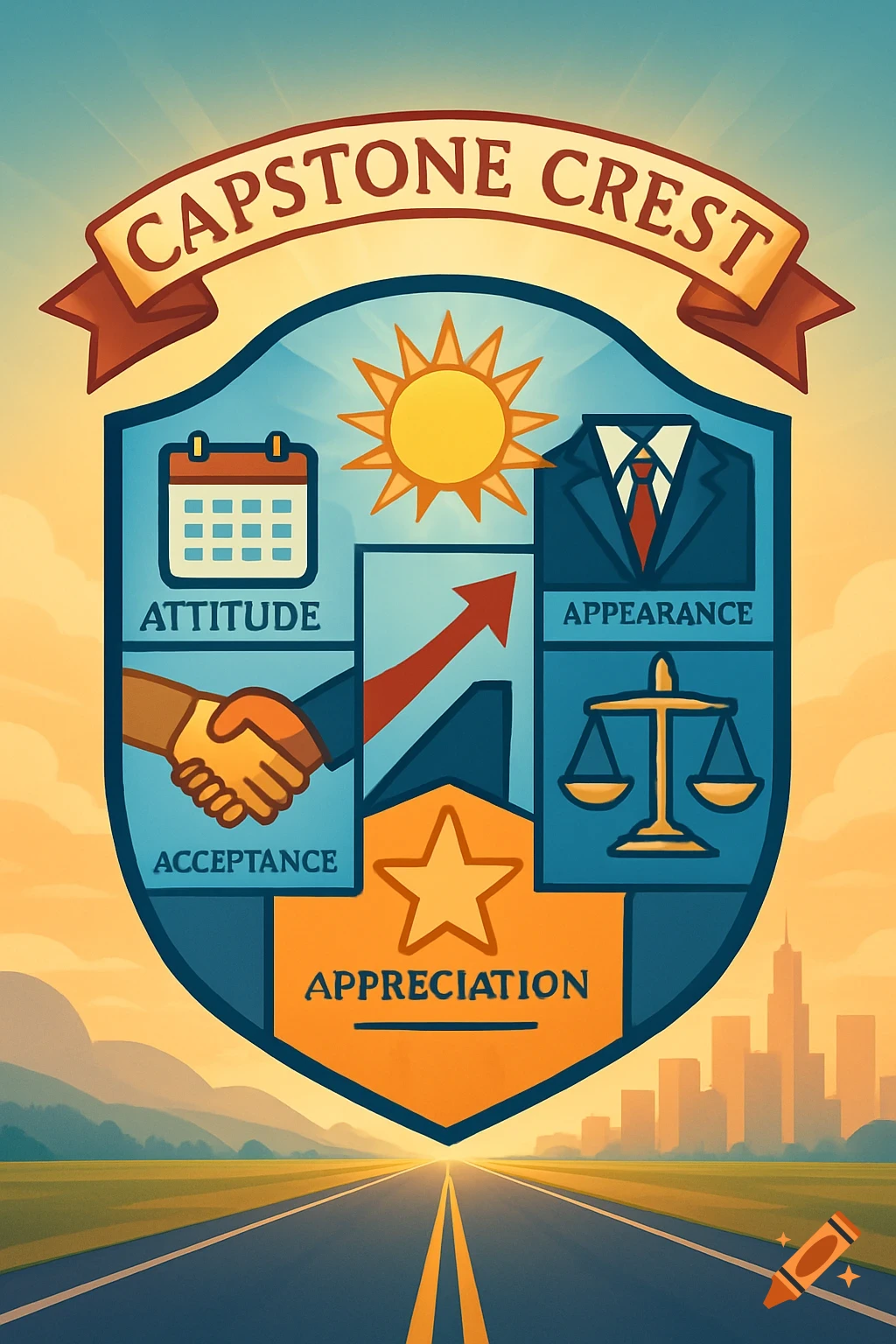 A stylized crest with a banner that reads 'CAPSTONE CREST'. The shield contains four sections with icons and text: 'ATTITUDE' with a calendar, 'APPEARANCE' with a suit and tie, 'ACCEPTANCE' with a handshake, and 'APPRECIATION' with a star. An arrow points upwards from the center. A sun is at the top. The crest is set above a road leading to a city skyline at sunset.