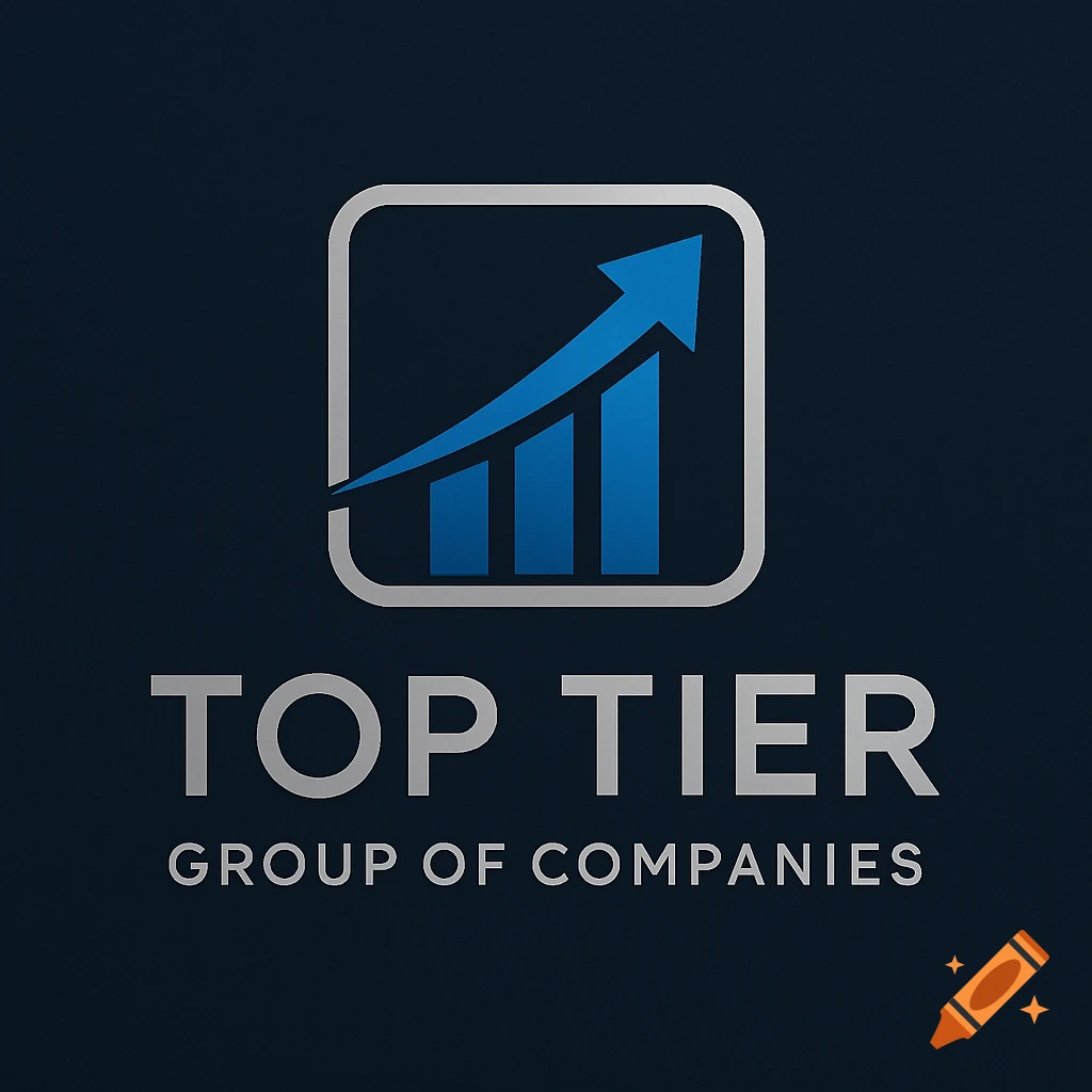 A professional logo featuring a silver square with a blue bar chart and an upward arrow, above the text TOP TIER GROUP OF COMPANIES on a dark background.