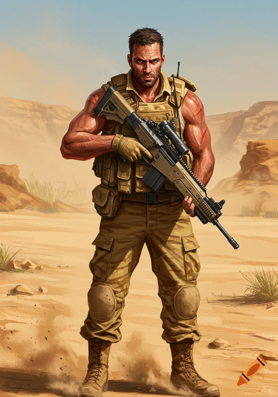 An illustration of a male soldier in desert fatigues holding a Tavor rifle in a desert landscape.