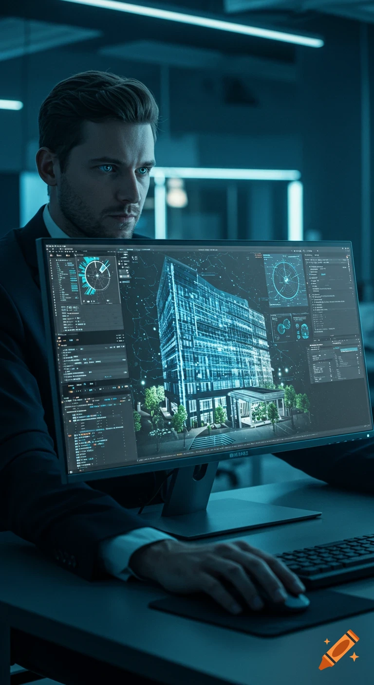 A man with glowing blue eyes looks at a computer monitor displaying an architectural design of a building facade with data and code.