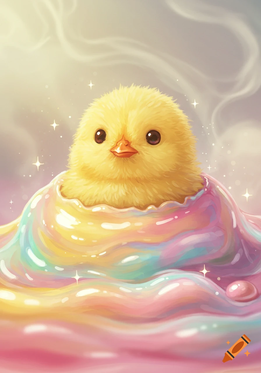 A fluffy yellow chick peeks out of a vibrant rainbow-colored, glossy, wave-like substance with sparkles.