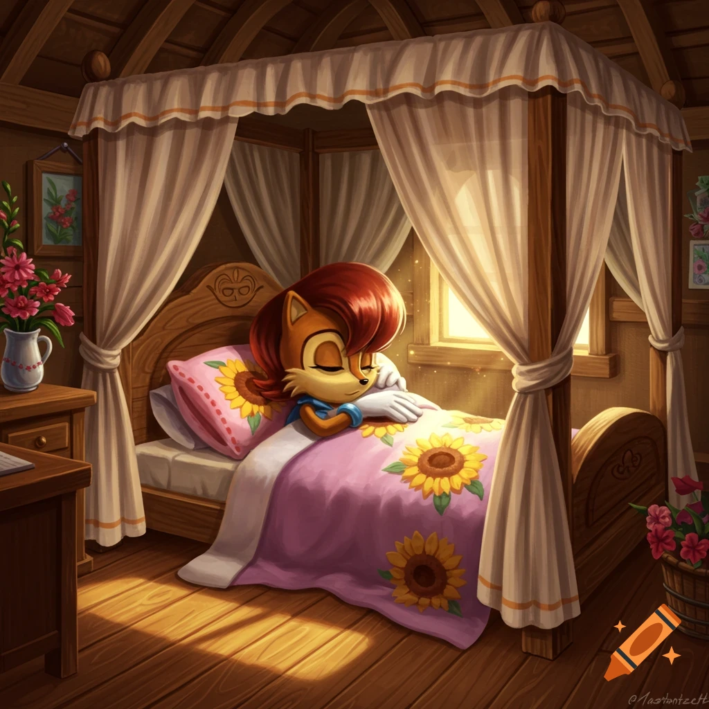 Sally Acorn, an animated squirrel character, sleeps peacefully in a cozy canopy bed with sunflower bedding.