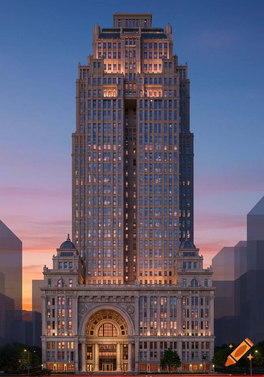 A tall, ornate postmodern building with many lit windows, set against a twilight sky.