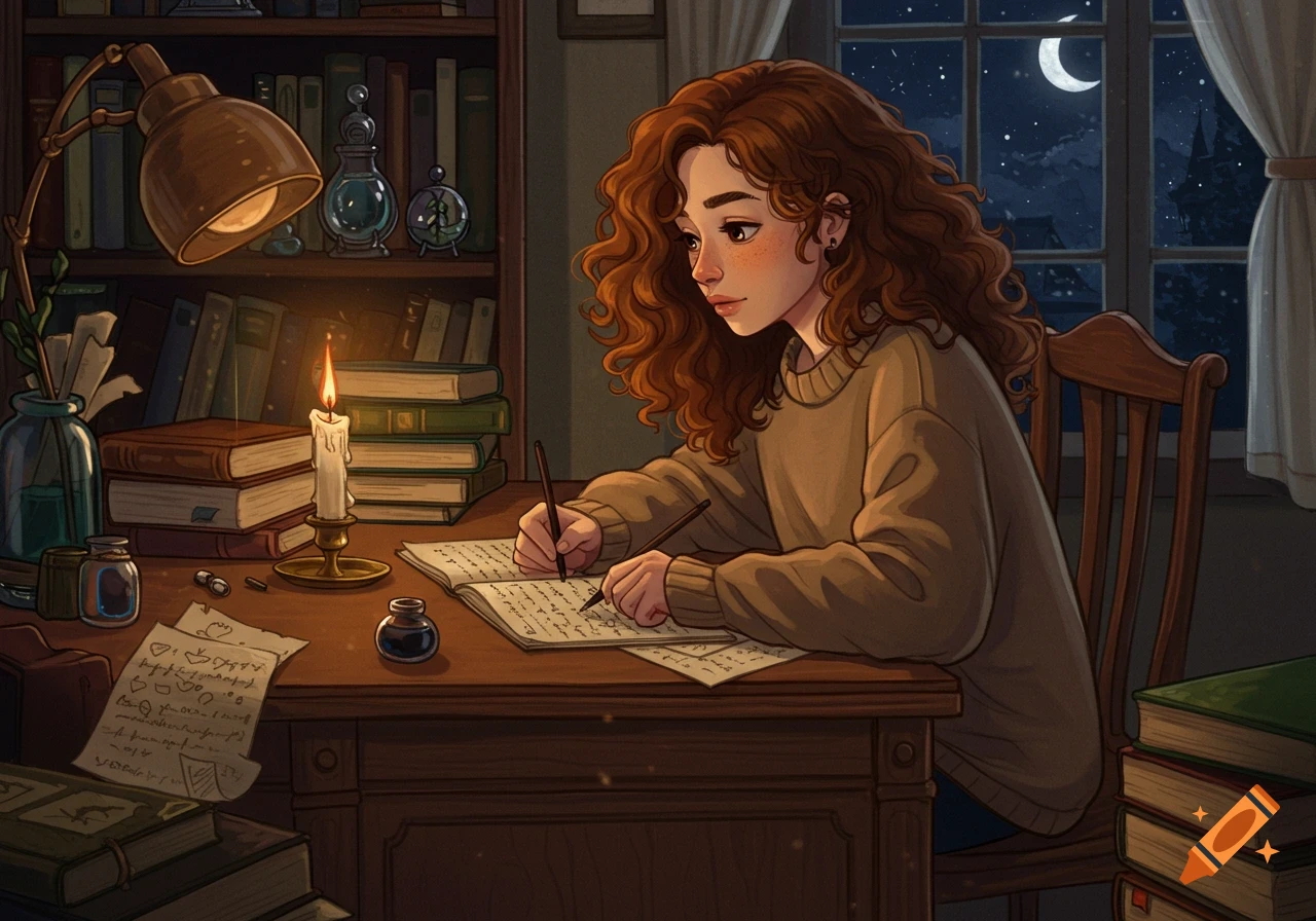 An illustrated young woman with curly red hair writes at a desk by lamplight and moonlight, surrounded by books.