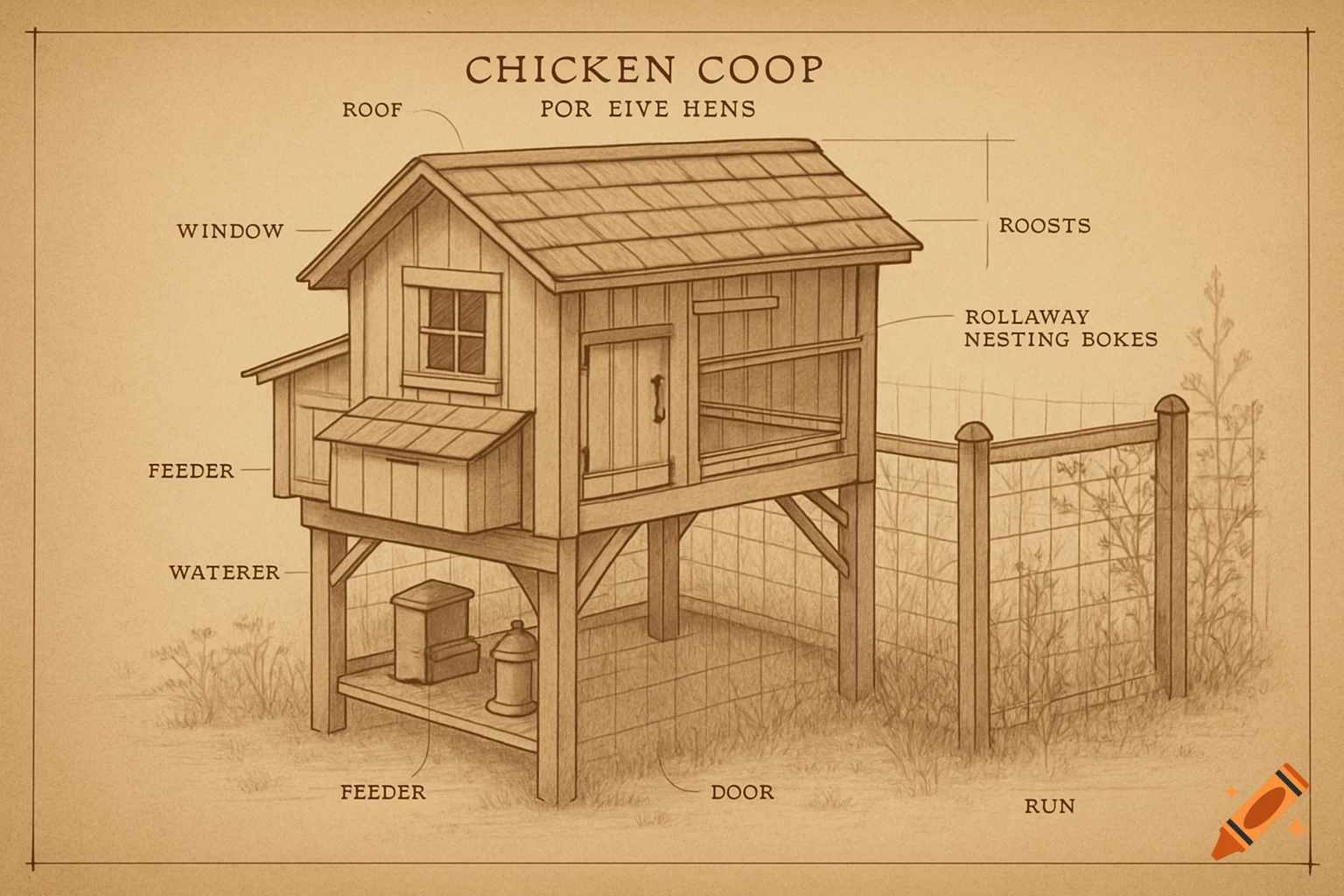 Sepia-toned blueprint diagram of a chicken coop, elevated, with labels for its parts including roof, window, feeder, and run.