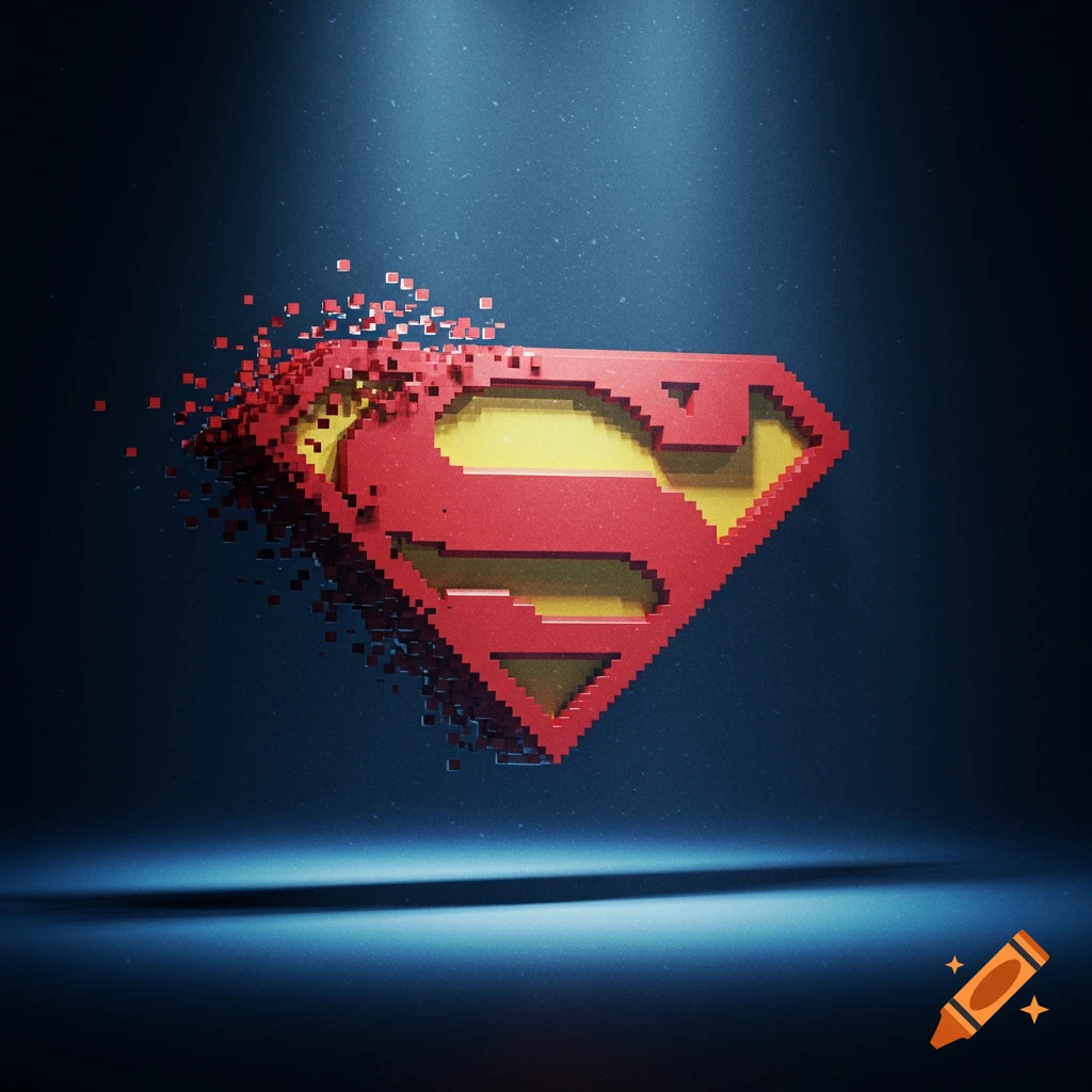 A 3D pixelated Superman logo, red and yellow, dissolving into smaller pixels against a dark blue background with spotlights.