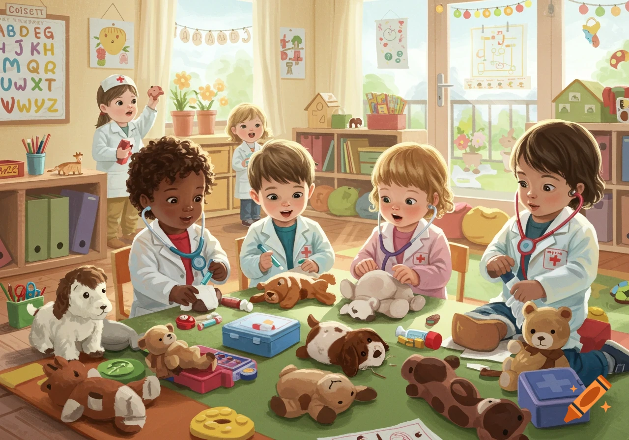 Young children role-playing as veterinarians in a brightly lit classroom, examining stuffed animals on a green table.