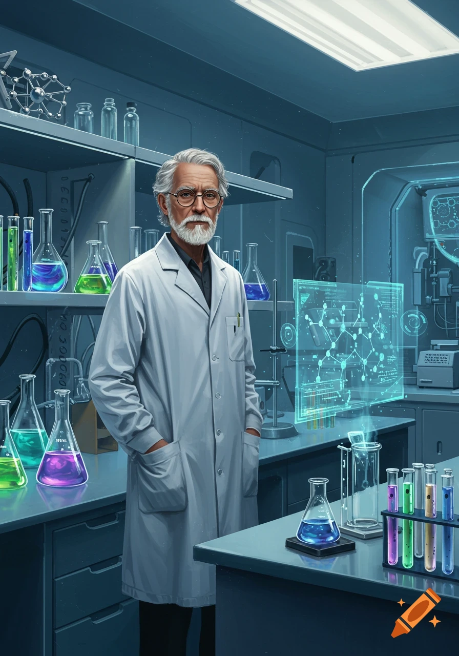 An older male scientist with a white beard and glasses stands in a futuristic laboratory, surrounded by colorful beakers and a holographic display.