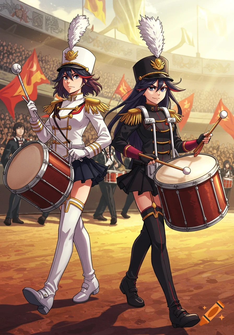 Two anime girls in marching band uniforms, one in white holding a baton and one in black with a bass drum, marching in a stadium.