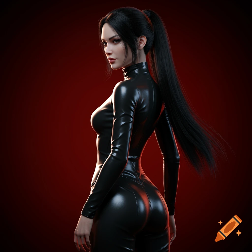 A photorealistic rendering of a woman with black hair in a ponytail, wearing a black leather catsuit against a red background.