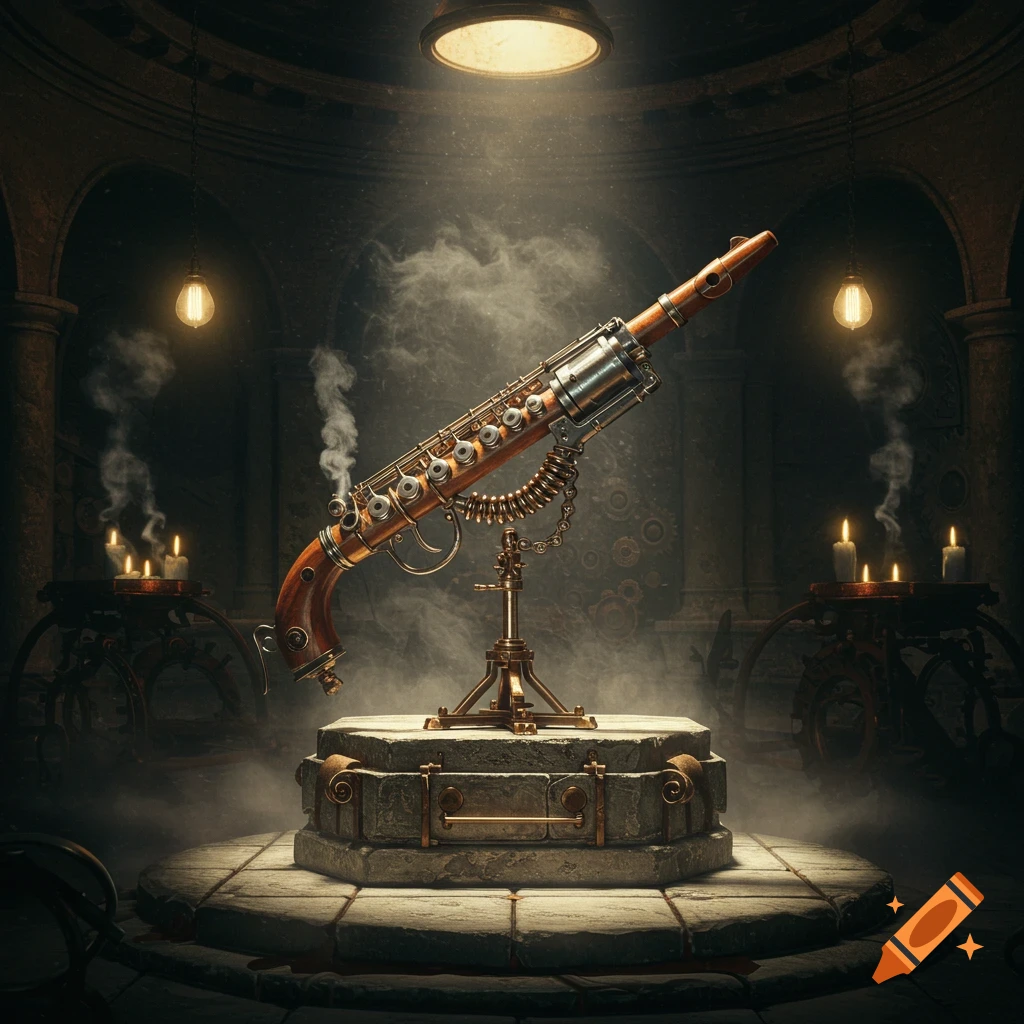A steampunk chaingun flute on a stone pedestal in a dimly lit, smoky room with glowing lights.
