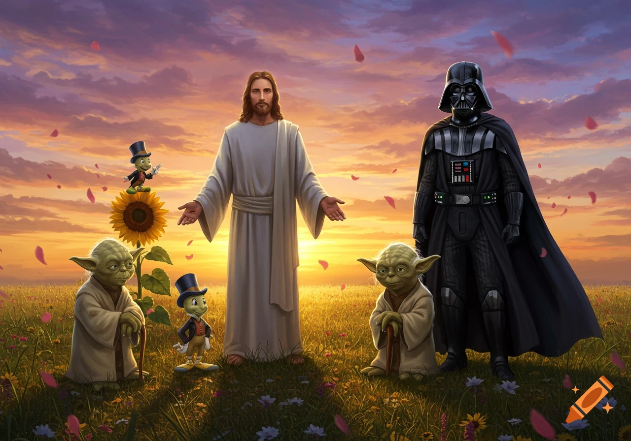 Jesus, Darth Vader, two Yodas, and two Jiminy Crickets stand in a field with flowers and falling petals at sunset.