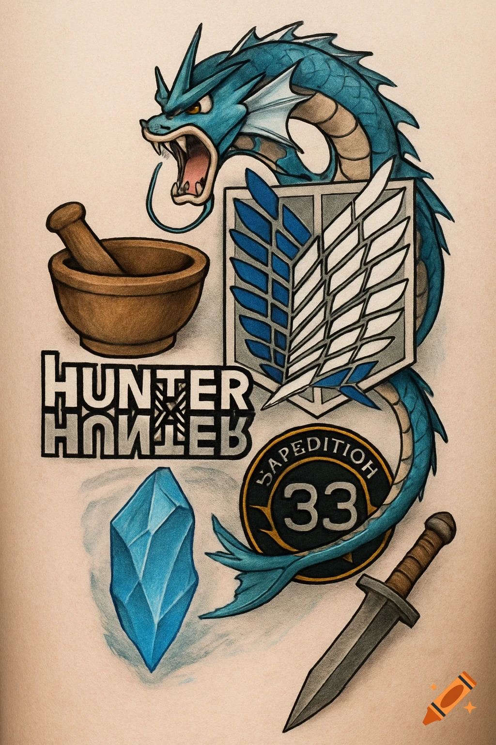 A tattoo design featuring a blue Gyarados, a mortar and pestle, the Attack on Titan Wings of Freedom emblem, a distorted Hunter x Hunter logo, a "SAPEDITION 33" logo, a blue crystal, and a dagger.