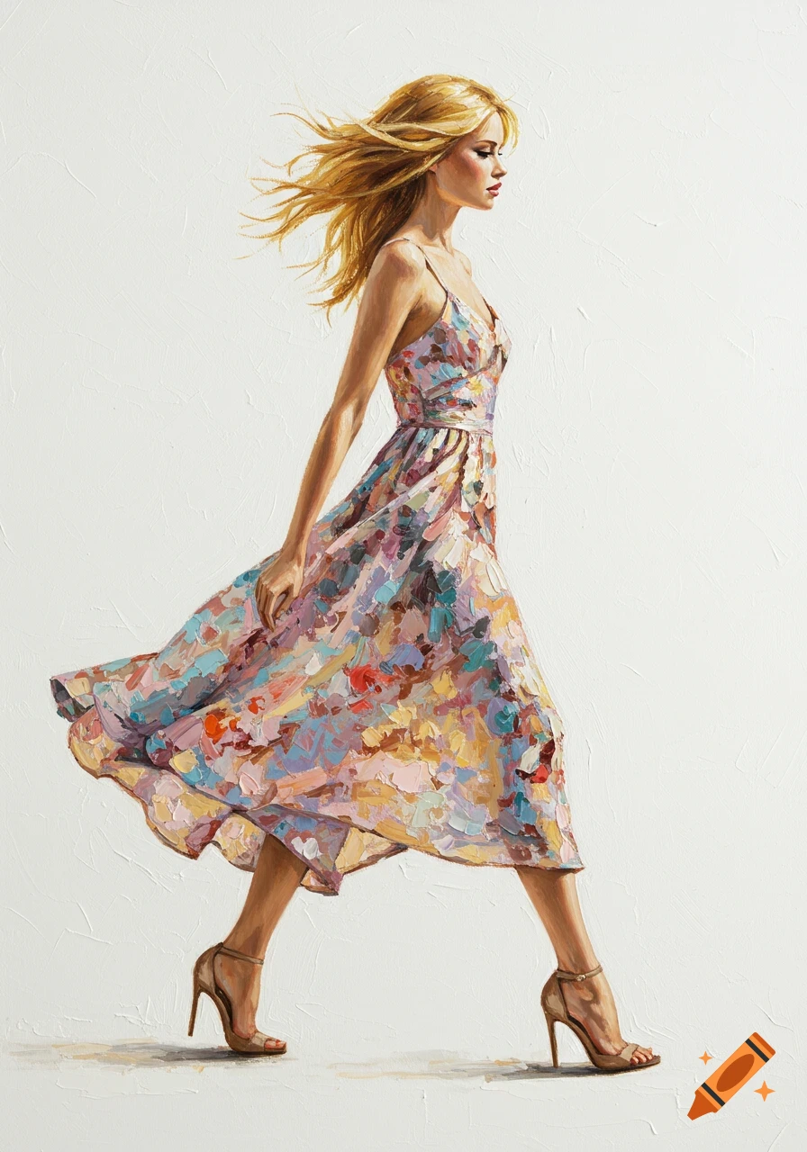 Oil painting of a blonde woman in a floral sundress and high heels, walking with wind-blown hair against a white background.