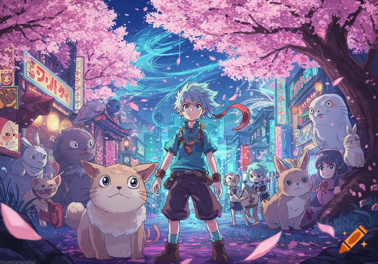 An anime scene depicts a light-haired boy and a group of stylized animals and creatures standing in a vibrant city street filled with pink cherry blossoms and glowing neon signs under a night sky.