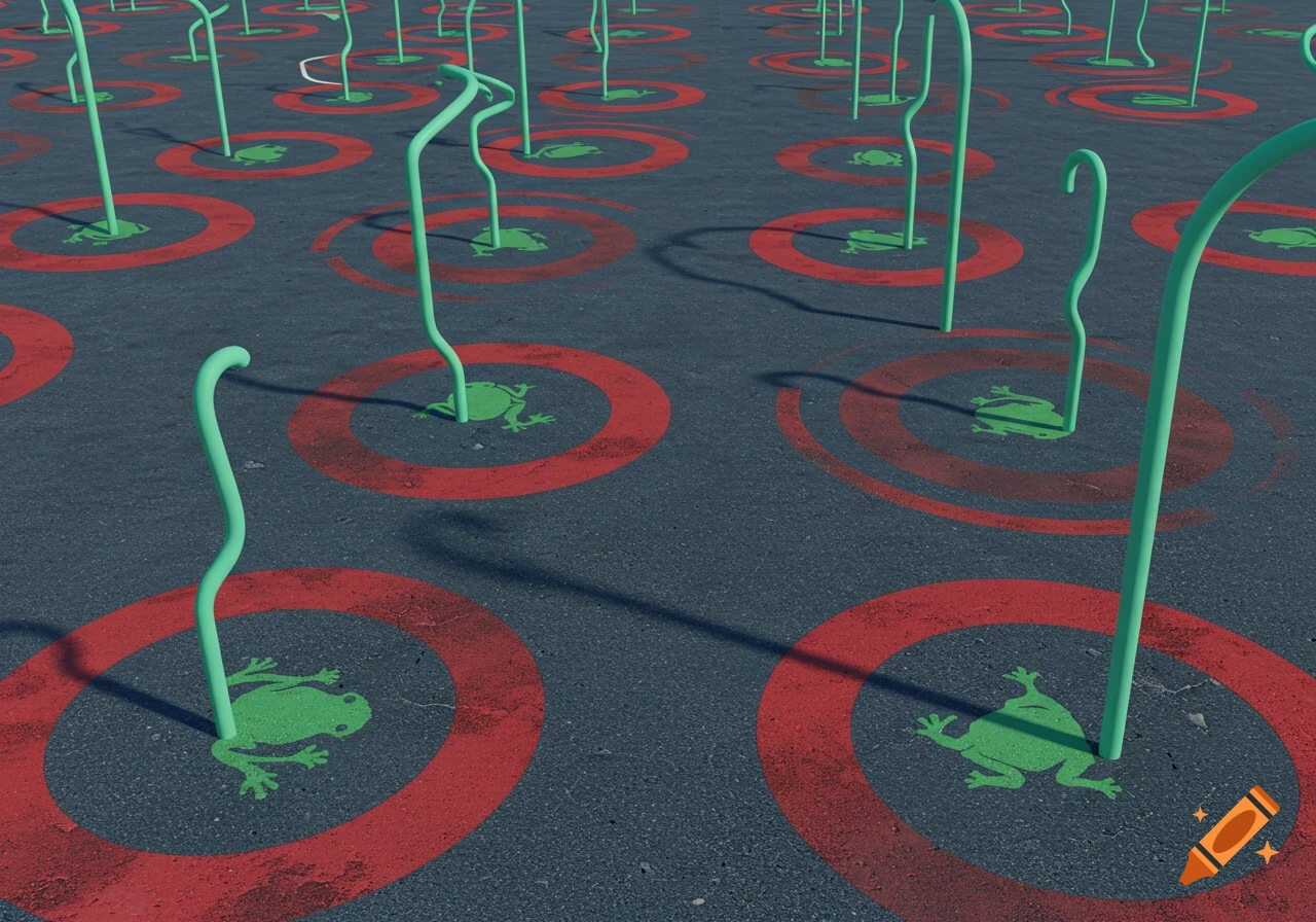 Surreal abstract art of green frog silhouettes within red concentric circles on dark asphalt, with green curved poles rising from the ground.