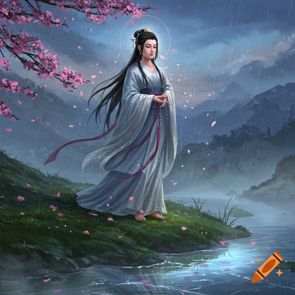 A serene Chinese goddess in a white robe stands barefoot on a grassy bank by a river in the rain, with pink cherry blossoms falling around her.