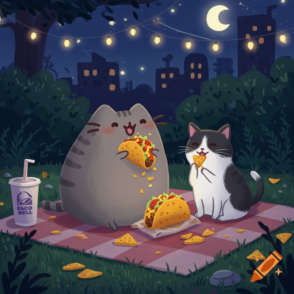 Pusheen and a tuxedo cat enjoy tacos and nachos at a night picnic under string lights.