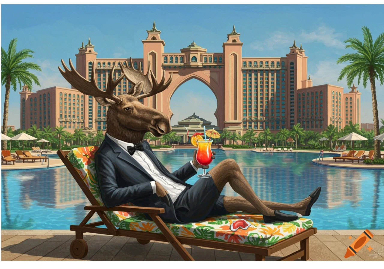 An illustrated moose in a suit and shorts lounges on a sunbed, sipping a cocktail by a pool, with a grand resort building resembling Atlantis, The Palm in Dubai in the background.