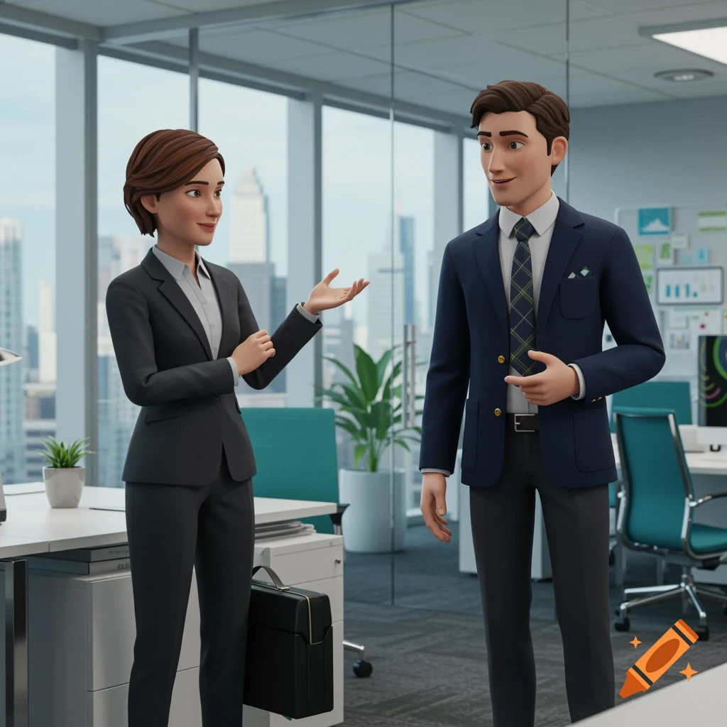 Two animated business people, a woman and a man, interacting in a modern office with large windows overlooking a city.