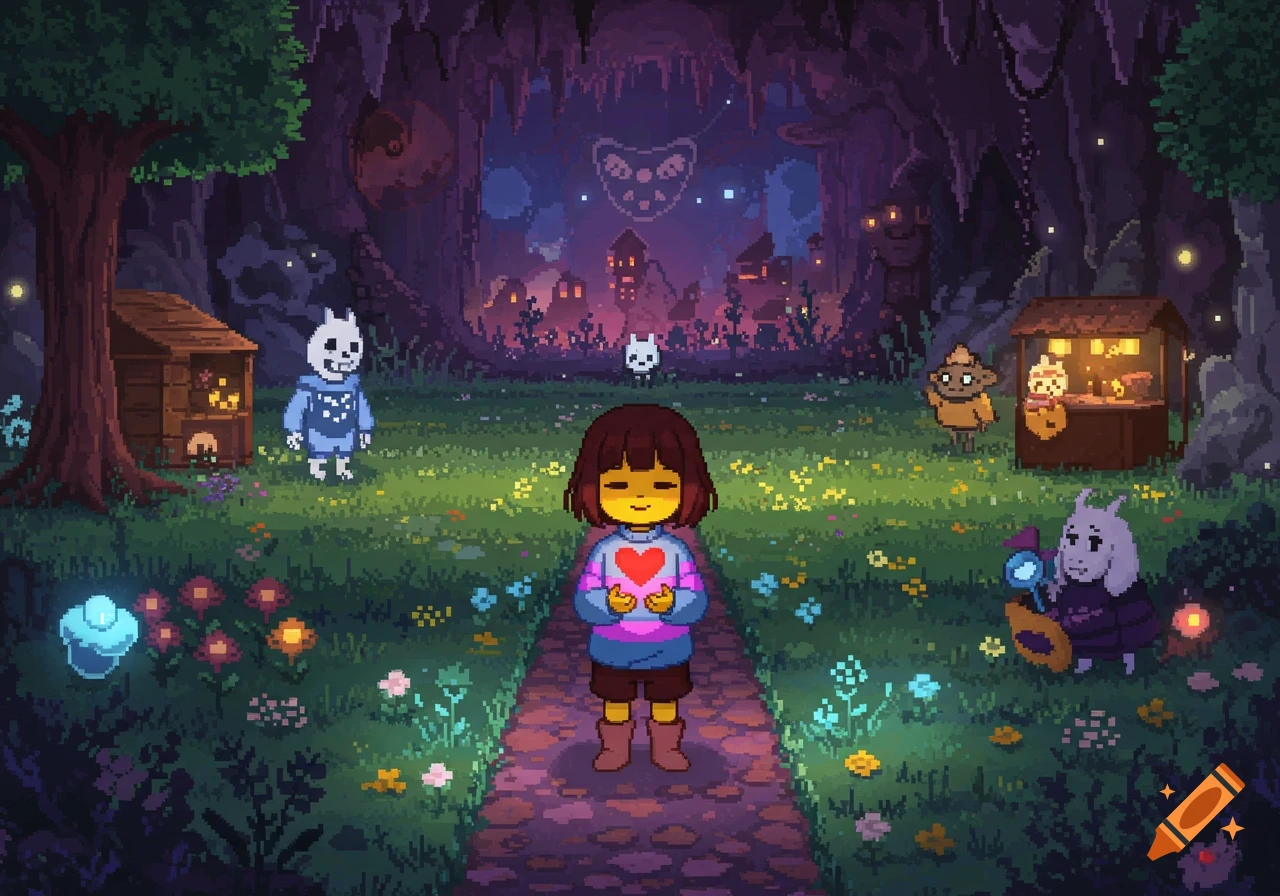Pixel art scene from Undertale featuring Frisk holding a heart, surrounded by Sans, Asriel, and other characters in a magical underground forest.