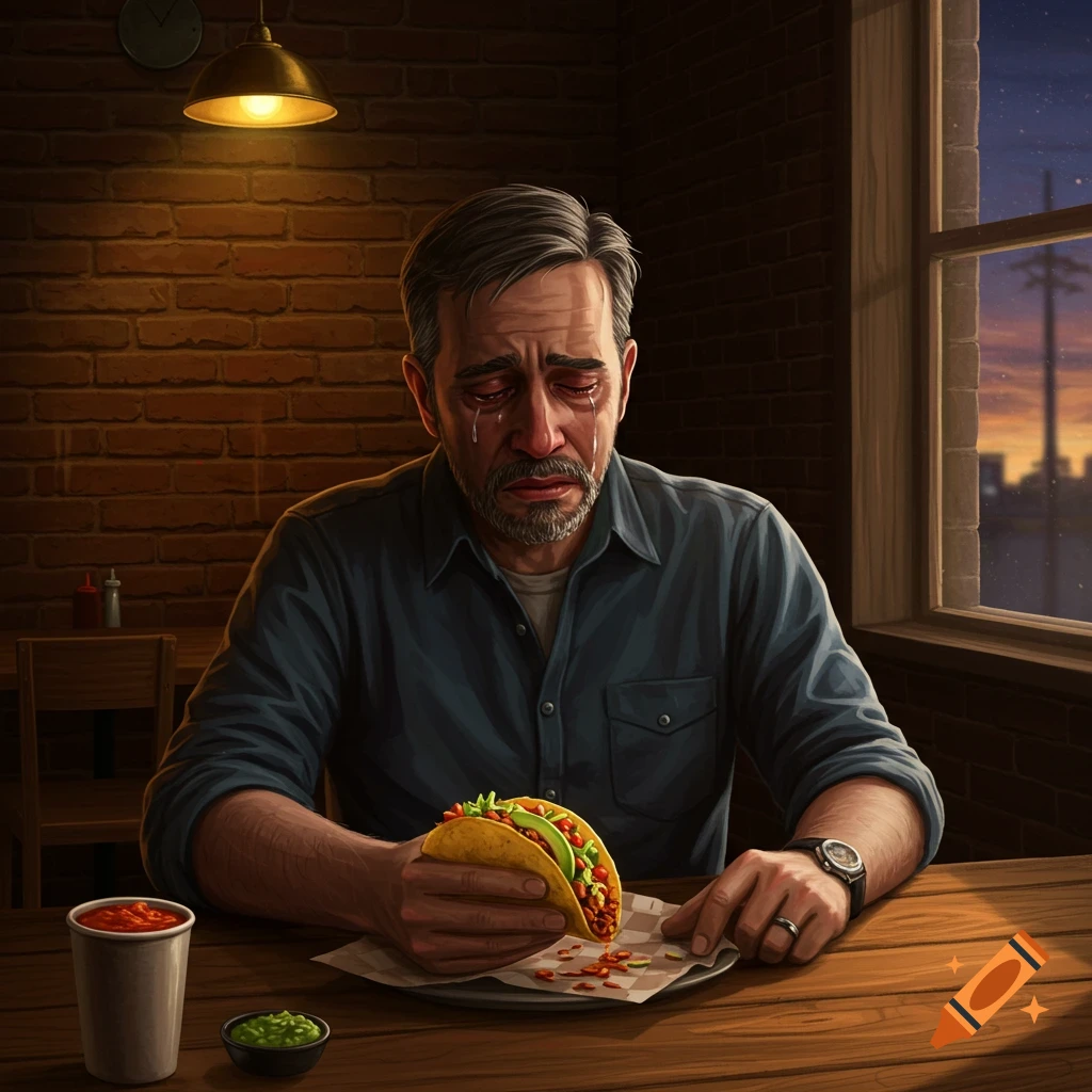 A man with grey hair and a beard cries at a table, holding a taco. He is in a dimly lit room with a brick wall and a window.