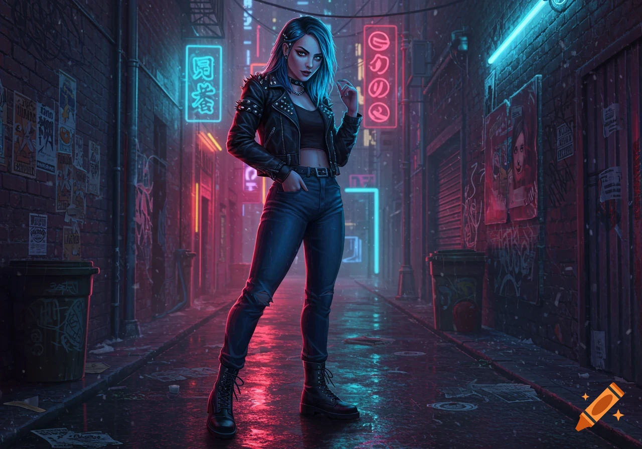 A woman with blue hair in a black leather jacket stands in a neon-lit cyberpunk alley.