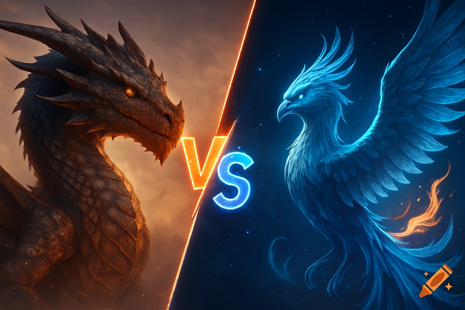 A powerful fantasy image depicting a fierce dragon on the left and a majestic blue phoenix on the right, separated by a glowing line with a vibrant 'VS' in the center.