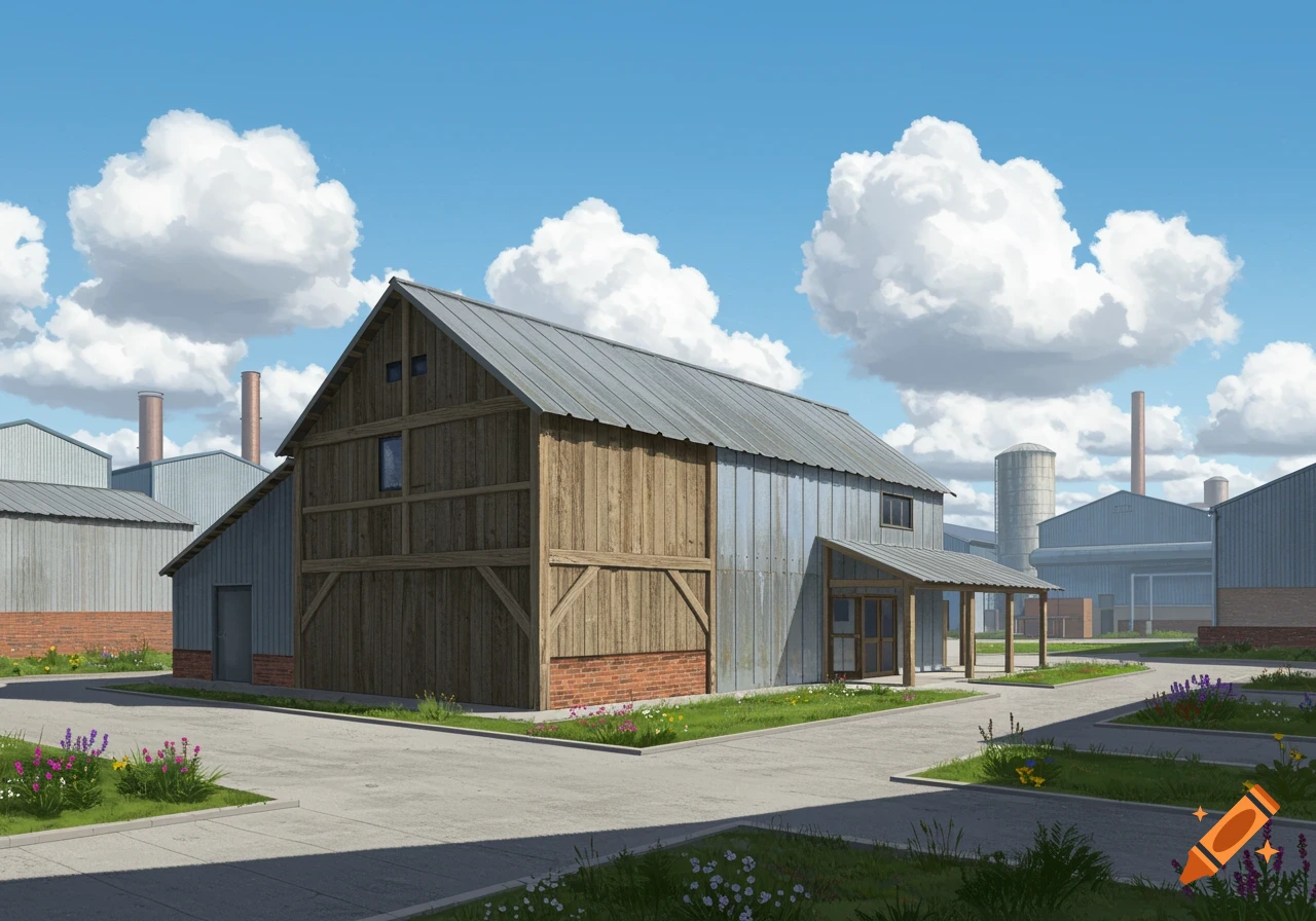 A barn conversion with wood and metal siding stands in an industrial estate with other buildings, grass, and flowers under a cloudy sky.