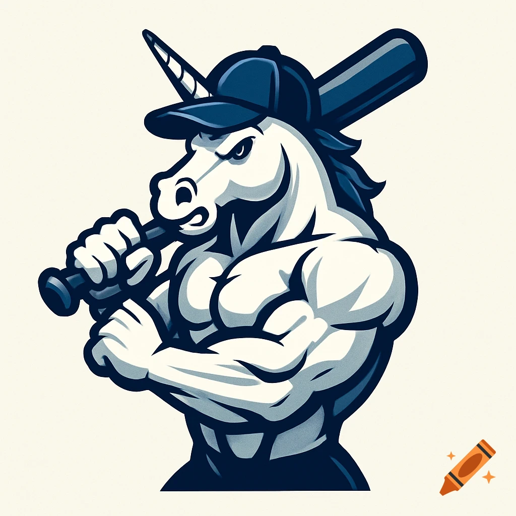 A stylized logo of an angry, muscular unicorn wearing a baseball cap and holding a baseball bat over its shoulder.
