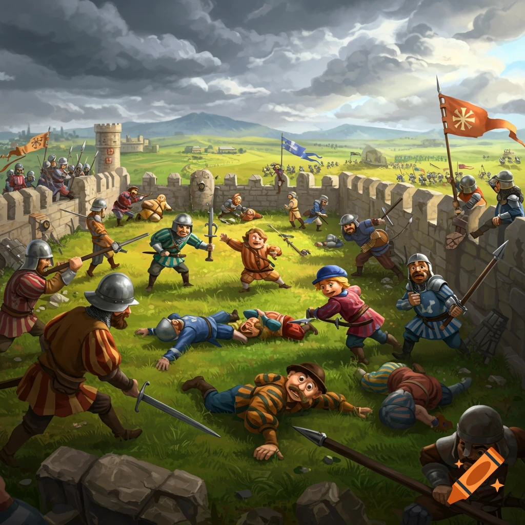 A cartoonish medieval battle unfolds with soldiers fighting on a grassy field, some lying down, around a stone wall and castle under a cloudy sky.