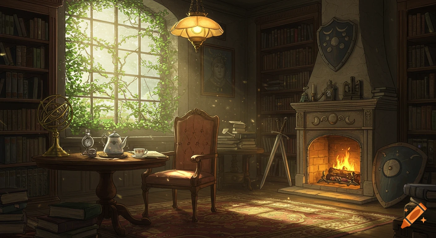 A cozy, sunlit fantasy library with bookshelves, a fireplace, armchair, and tea set, in a Studio Ghibli style.