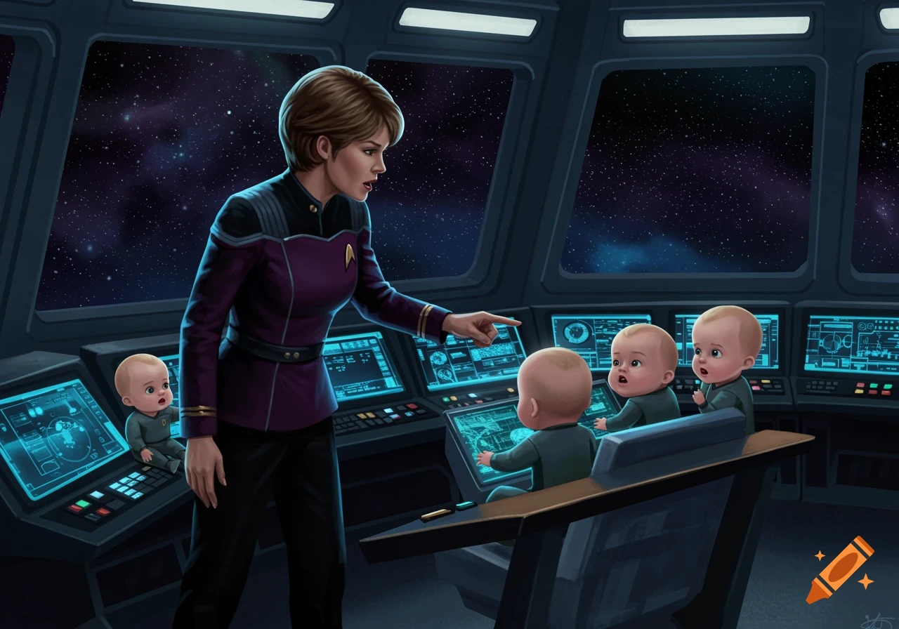 Captain Janeway on a futuristic spaceship bridge, pointing at four babies who are playing with the control panels.