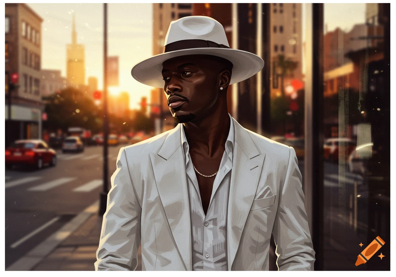 A stylish Black man in a white fedora and light suit stands in a sunlit city street, looking to the side.