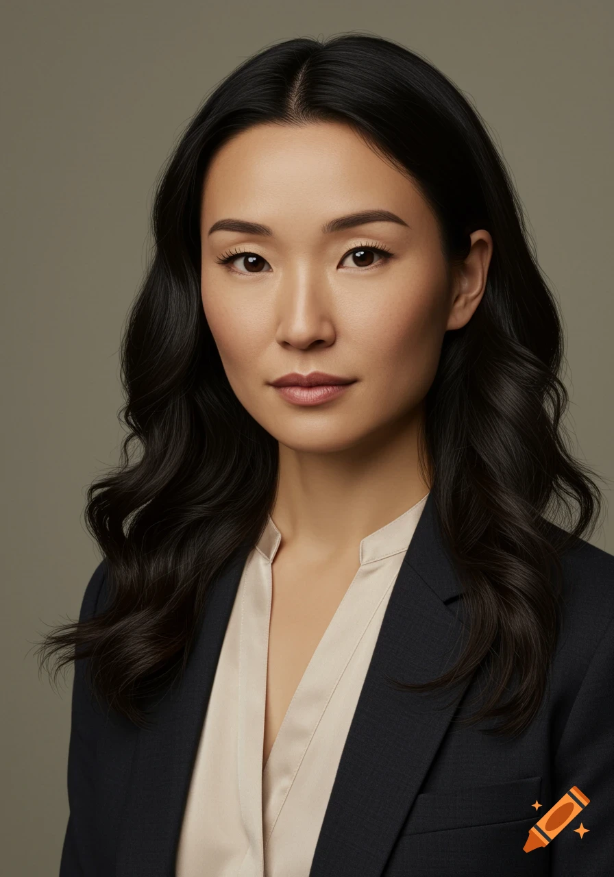 A photorealistic portrait of an Asian woman with long dark wavy hair, wearing a dark blazer and light blouse against a neutral background.