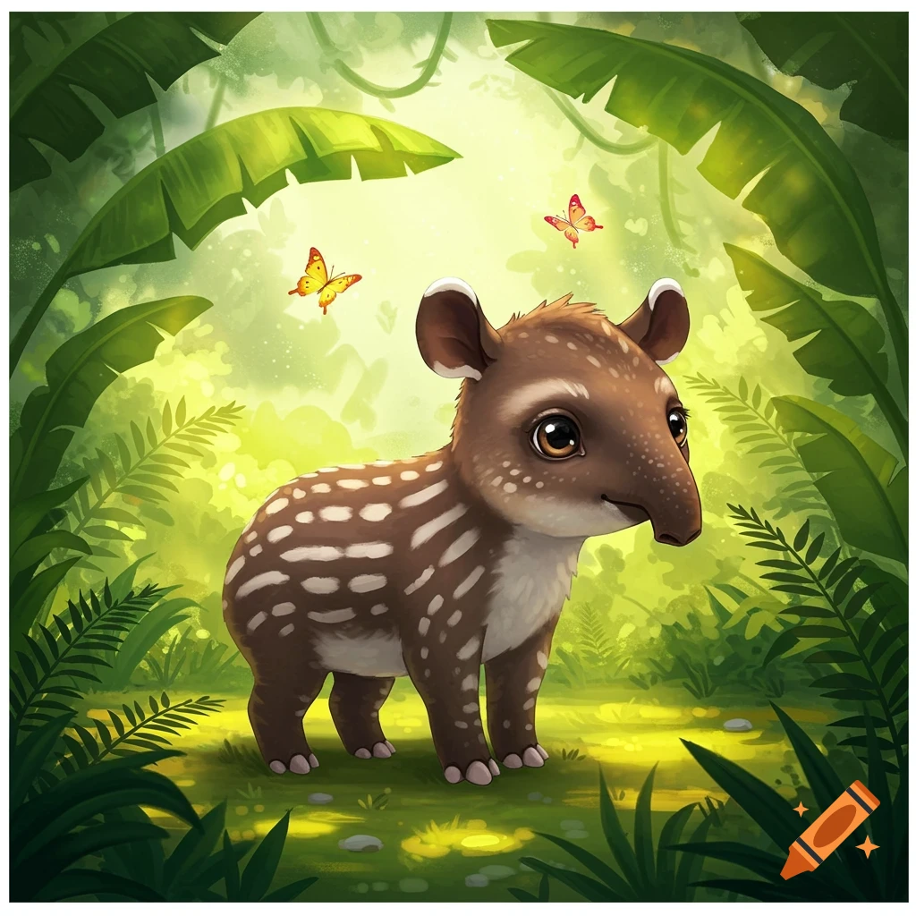 A cute cartoon baby tapir with white spots stands in a lush green jungle with butterflies.