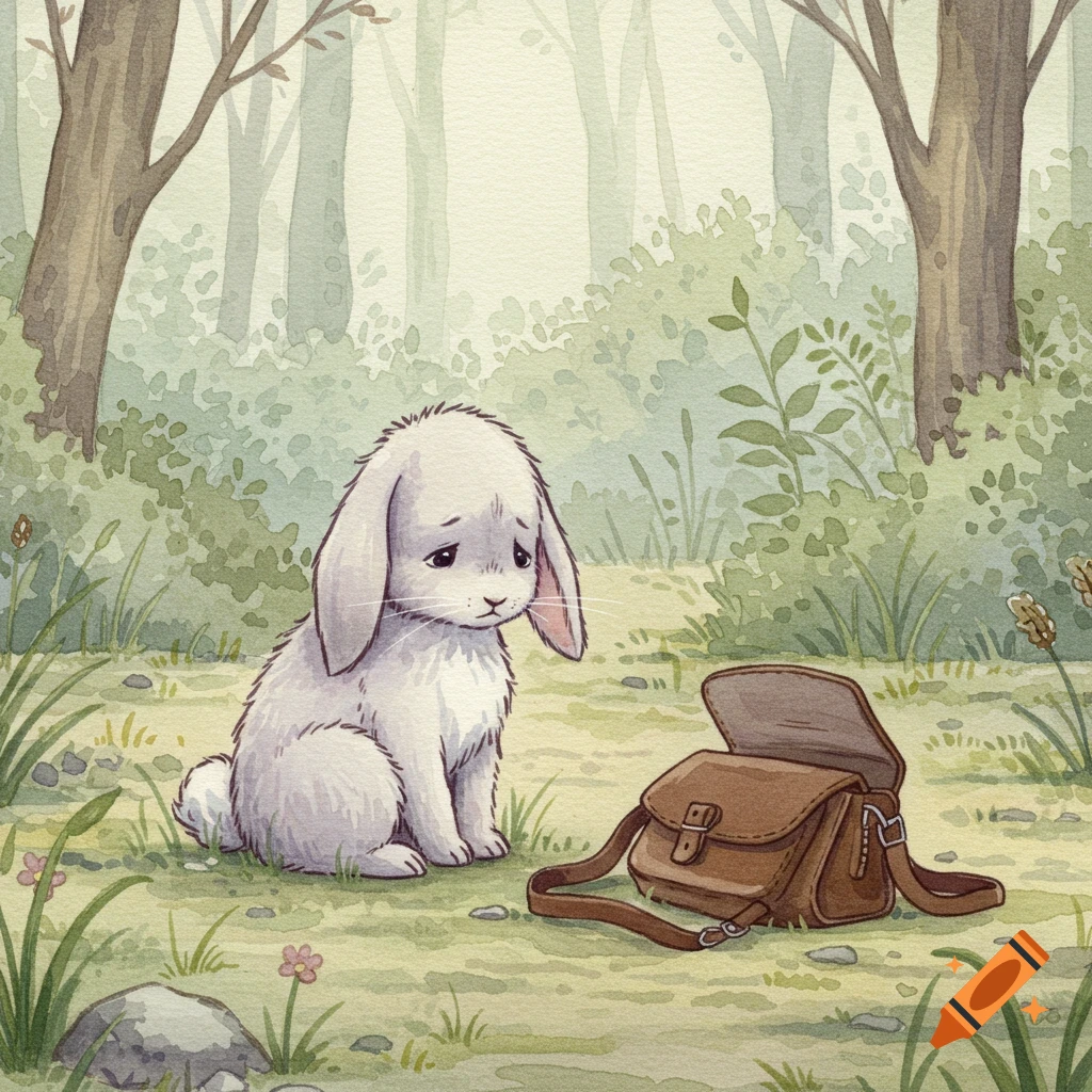 A watercolor illustration of a sad white bunny sitting in a forest, looking at an open brown satchel.