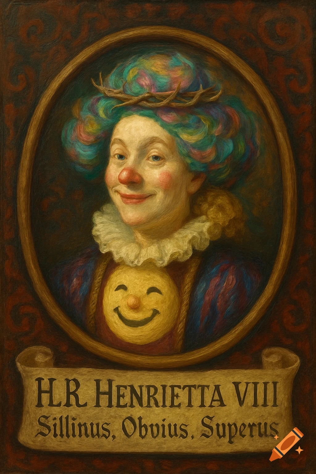 A whimsical portrait painting of a smiling person with clown makeup, colorful curly hair, a crown of thorns, and a smiley face emblem on their chest.