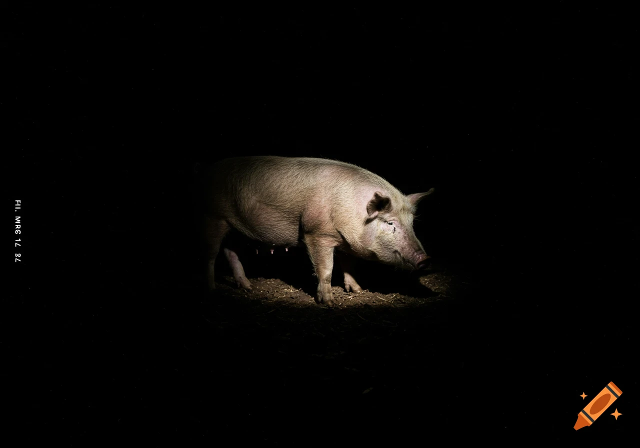 A pig stands in a spotlight in a dark, high-contrast photo with film-like text on the side.