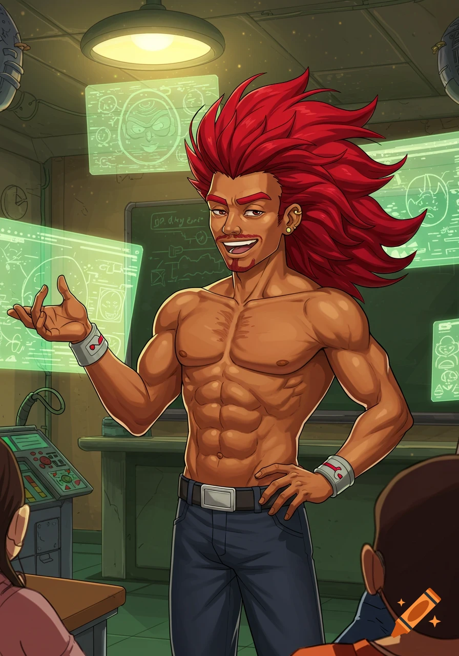 A muscular man with spiky red hair, shirtless with jeans, stands in a sci-fi lab with glowing green screens, smiling and gesturing. Anime style.