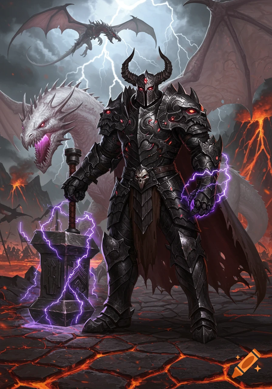 A dark armored dragon rider with a lightning hammer stands before a white dragon, with another dragon flying in a stormy, volcanic landscape.