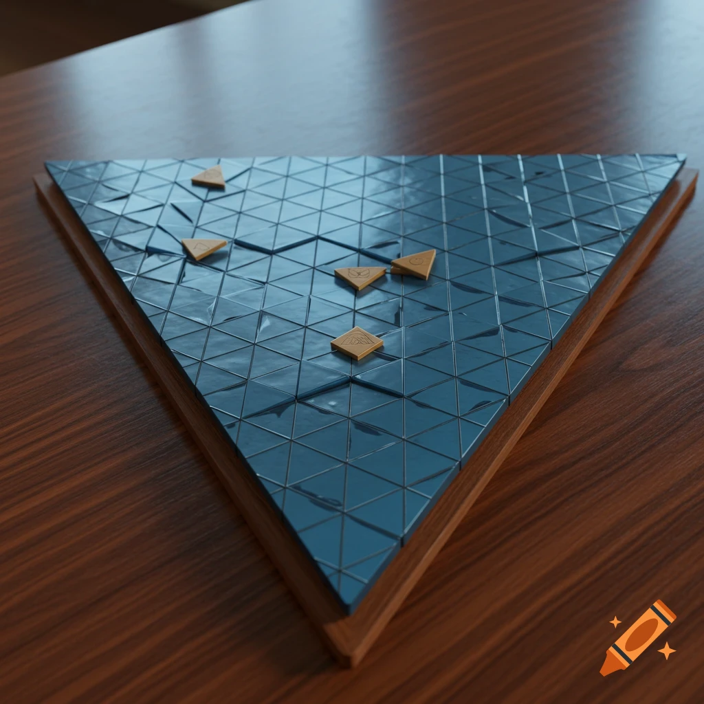 A triangular board game with a grid of smaller blue triangles and several small, triangular wooden game pieces on a wooden table.