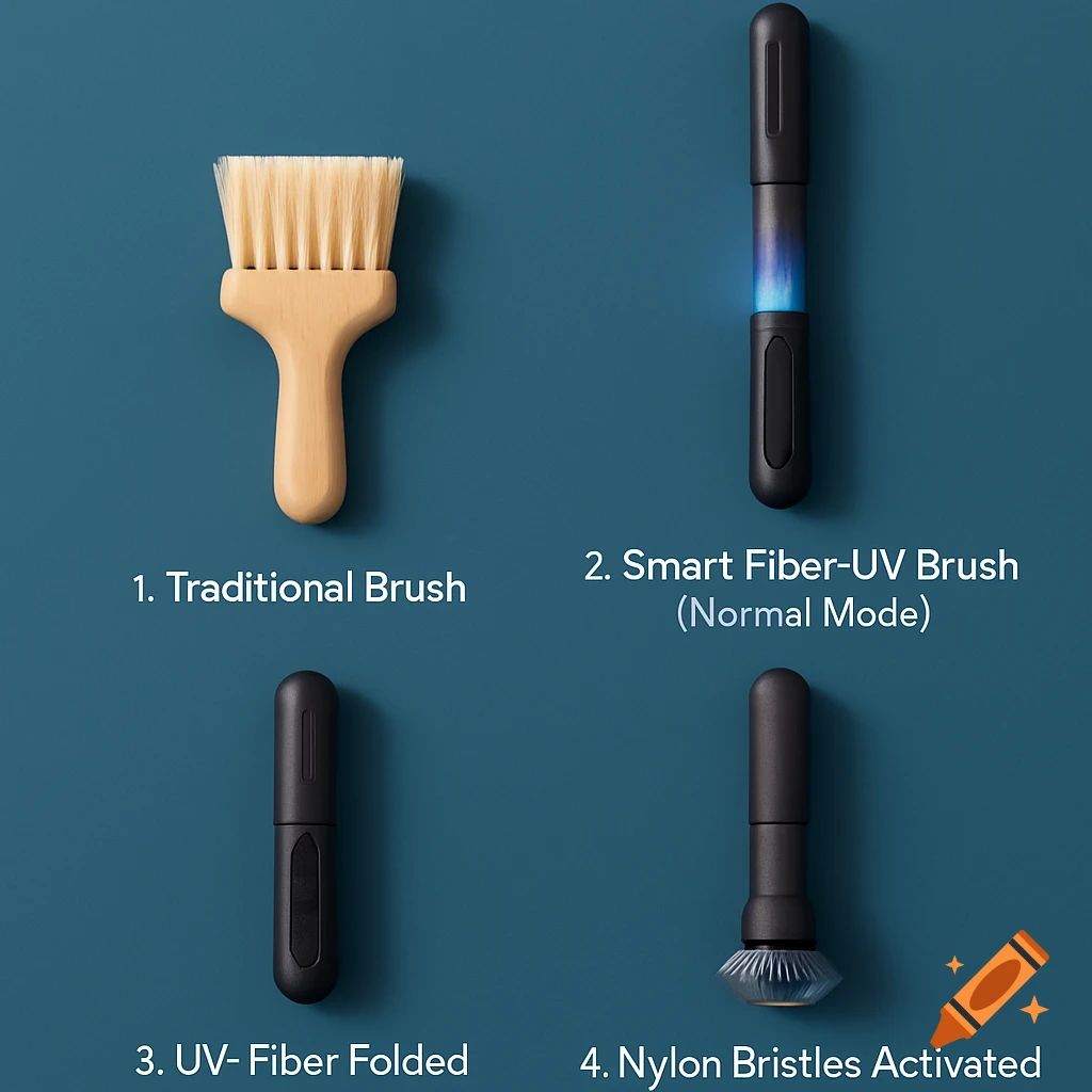 Four brush prototypes, including traditional and smart UV/nylon bristled versions, displayed on a blue background with labels.