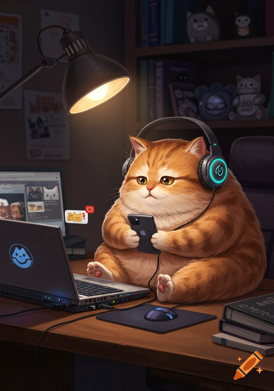 A chubby orange cat wearing headphones sits at a desk, looking at a smartphone while a laptop with a cat logo is open next to it. A desk lamp illuminates the scene.